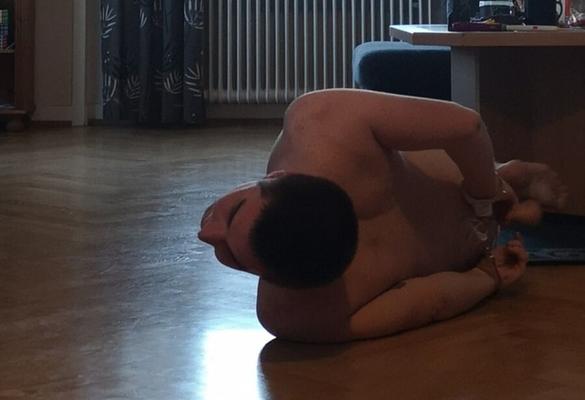 Boyfriend hogtied on the floor