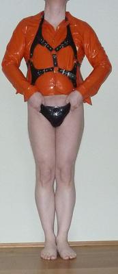 Orange and black fetish gear
